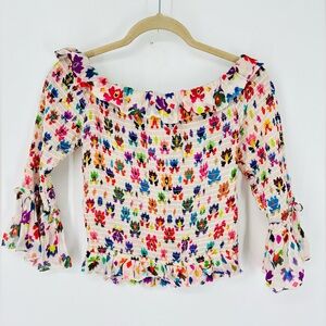 Chufy memories of Peru cropped floral print off the shoulder smocked blouse